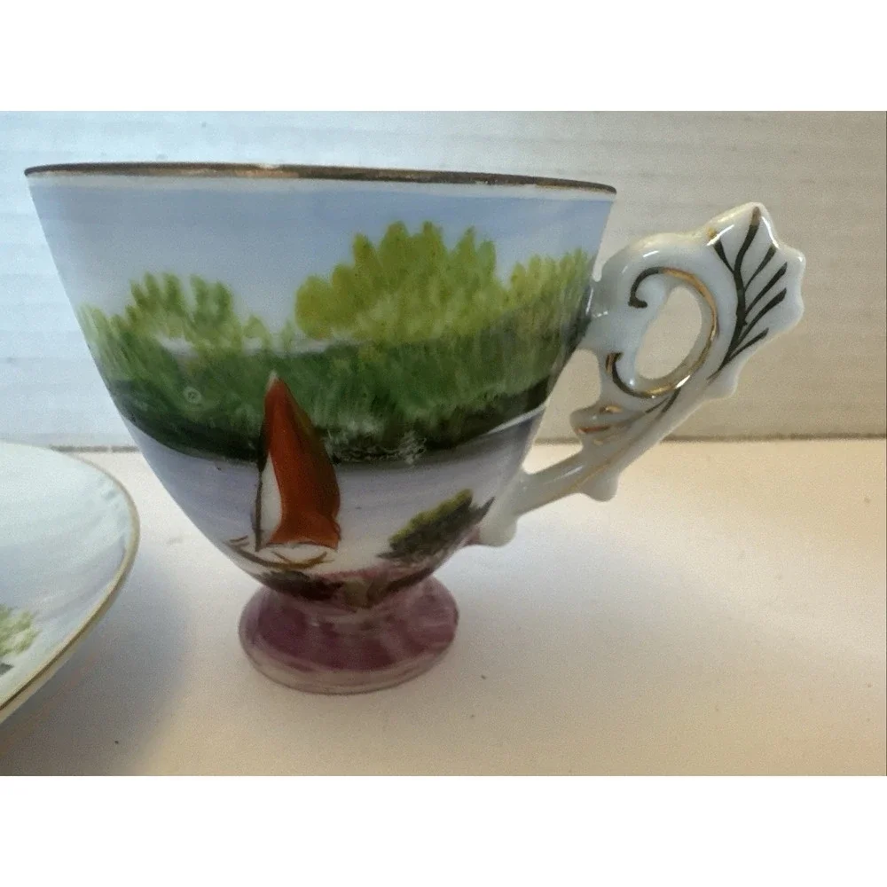 Vintage Ucagco Small Teacup & Saucer Set Sailboat Scene w Gold Trim Japan